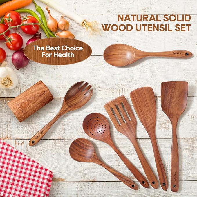Mooues Wooden Spoons for Cooking, Wooden Utensils for Cooking Natural Teak Wooden Kitchen Utensils Set Comfort Grip (8 PCS SET)