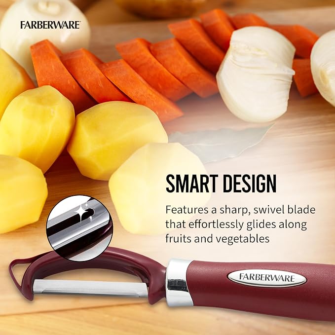 Farberware Professional Euro Vegetable Peeler with Ergonomic Handle, Razor-Sharp Swivel Blade, Red - Dishwasher Safe Potato Peeler for Kitchen, Fruits, Vegetables, and Cheese