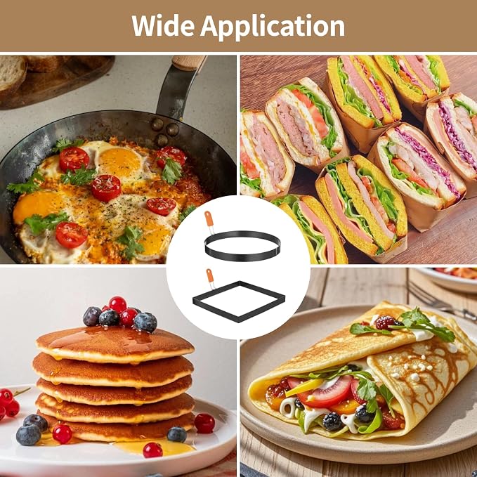 2 PCS 8 Inch Egg Rings for Frying Eggs, Round and Square Griddle Omelette Mold, Non-Stick Stainless Steel Pancake Ring with Foldable Silicone Handle, Includes Egg Separator and Oil Brush