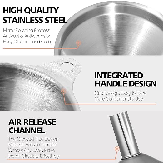 Anaeat Stainless Steel Mini Kitchen Funnel Set, 3 Pack Durable Metal Filling Funnels for Transferring Liquid, Dry ingredients, Cosmetic Lotion, Fluid, Spices, Powder - Food-Grade & High Heat Resistant