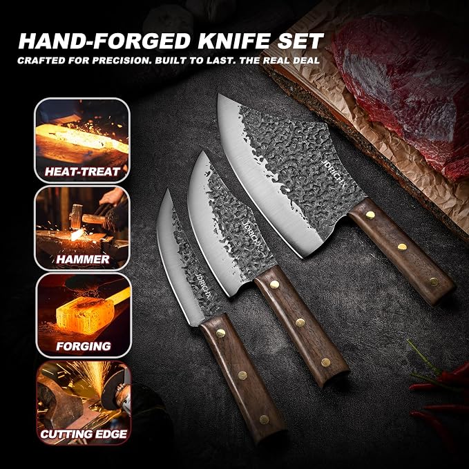 3-Piece Hand Forged Butcher Knife Set with High Carbon Steel | Includes Meat Cleaver and Boning Knife with Full Tang Design for BBQ and Meat Preparation