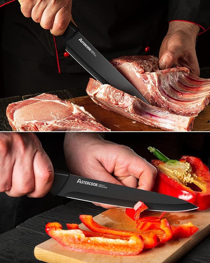 Astercook Knife Set, Kitchen Knife Set with Built-in Sharpener Block, Dishwasher Safe, 15 Pieces German Stainless Steel Knife Block Set, Black Perfect Kitchen Fathers Day Gift for Men