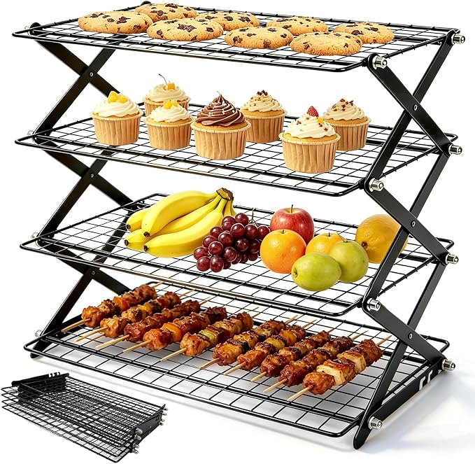 4 Tier Collapsible Cooling Rack - 3 Setting Adjustable & Stackable Stainless Steel Baking Rack, Stackable Cooling Racks for Baking, Cookies, Cakes, Roasting, Grilling, Drying, Space-Saving (Black)