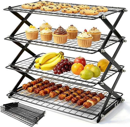 4 Tier Collapsible Cooling Rack - 3 Setting Adjustable & Stackable Stainless Steel Baking Rack, Stackable Cooling Racks for Baking, Cookies, Cakes, Roasting, Grilling, Drying, Space-Saving (Black)