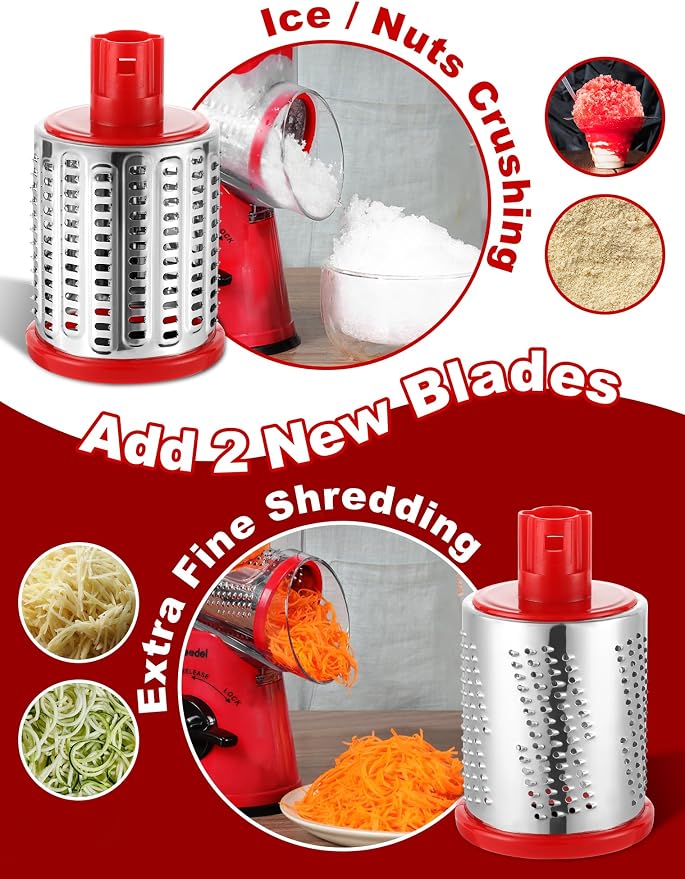 Geedel Rotary Cheese Grater Cheese Shredder - Upgraded 5-in-1 Cheese Grater with Handle and Strong Suction Base, Multi-purpose Vegetable Slicer Ice Shaver Nuts Grinder for Cheese, Vegetables, Ice
