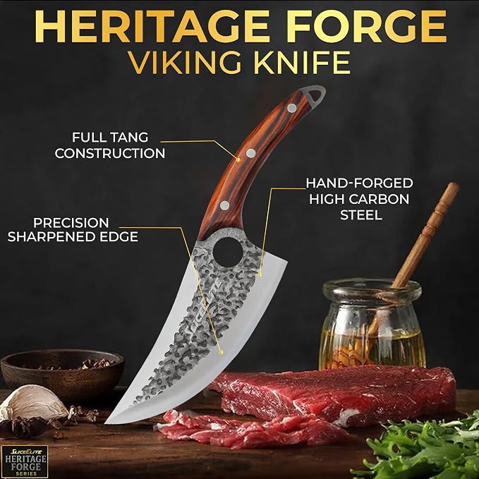 SliceElite Heritage Forge Series Viking Knife Meat Cutting Boning Knife Slicing BBQ Kitchen Knife Full Tang Sandalwood Handle Hammered Pattern Forged Steel Gift Box