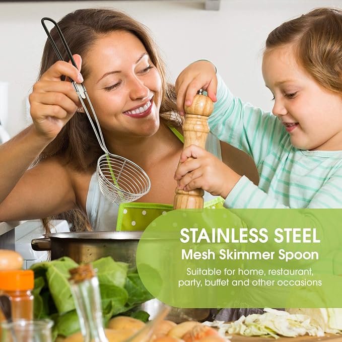 Geiserailie 10 Pieces Hot Pot Kit Strainer Scoops Stainless Steel 2.5 Inch Mini Spider Strainer Skimmer Pasta Mesh Spoon Asian Skimmer Spoon Ladle with Handle for Home (Black)
