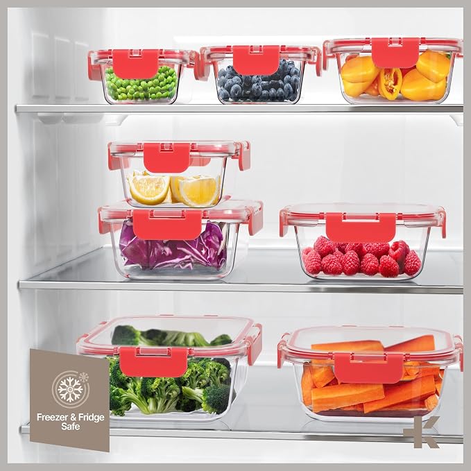 Bakken Borosilicate Glass Food Storage Containers with Lids 24 Pieces, BPA-Free Stackable Lunch & Leftover Containers, Microwave, Freezer & Dishwasher Safe, 100% Airtight Leak-Proof, Red