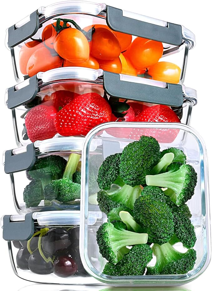 M MCIRCO 5 Pack,30 oz Glass Food Storage Containers with Lids, Gray | Glass Meal Prep Containers,Airtight Lunch Containers with Lids, Microwave, Oven, Freezer and Dishwasher Friendly, BPA Free