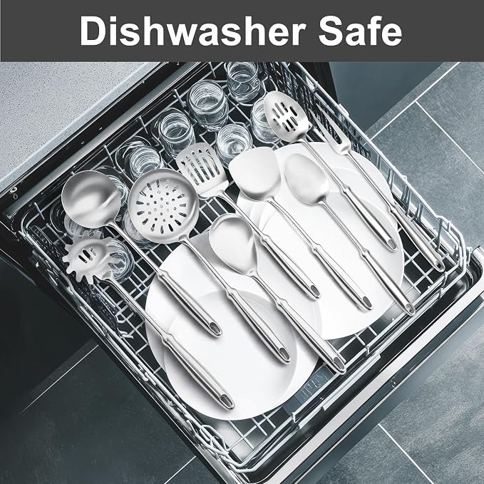 304 Stainless Steel Cooking Utensils Set, 9 PCS Metal Stainless Steel Kitchen Utensils Set, Serving Spoon, Spaghetti Spoon, Skimmer, Meat Fork etc (Dishwasher Safe)