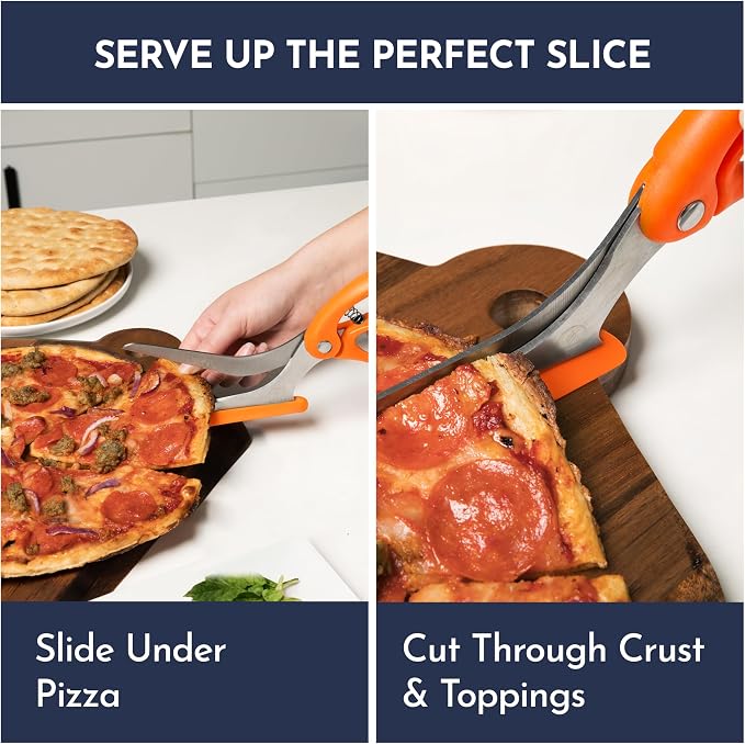 Pizza Scissors - Non-Stick Pizza Scissors with Firm Grip Base - Food Grade Stainless Steel Pizza Cutter - 5-in-1 Food Slicer & Pizza Server - Durable, Safe & Mess Free - Orange