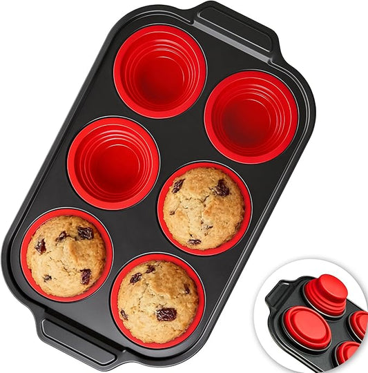 Silicone Muffin Pan for Baking with Metal Reinforced Frame - 6 Cups Regular Size Cupcake Pan Muffin Tins Egg Bite Molds - Nonstick, Easy to Pop, Bakeware for Oven, BPA Free (6-Cups Red)