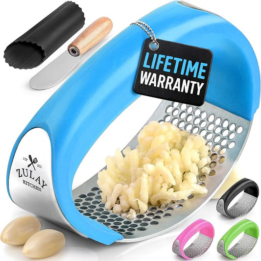 Zulay Kitchen Stainless Steel Garlic Press Rocker Set - Premium Garlic Mincer Garlic Crusher - New Innovative Garlic Crusher with Peeler and Scraper - Comfortable Grip (Blue)