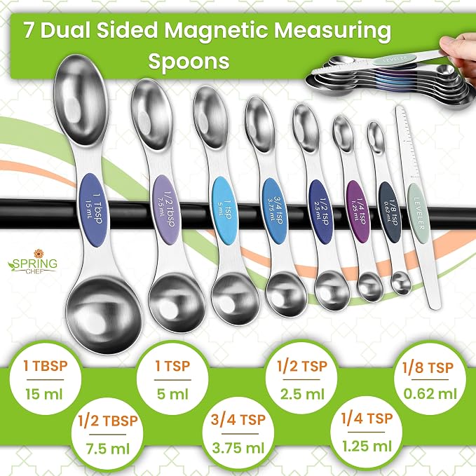Spring Chef Magnetic Measuring Cups & Spoons Set of 16, Winter Frost | Patented Nesting Stainless Steel Measuring Cups & Heavy Duty Metal Measuring Spoons w/ Levelers for Dry & Liquid Ingredients