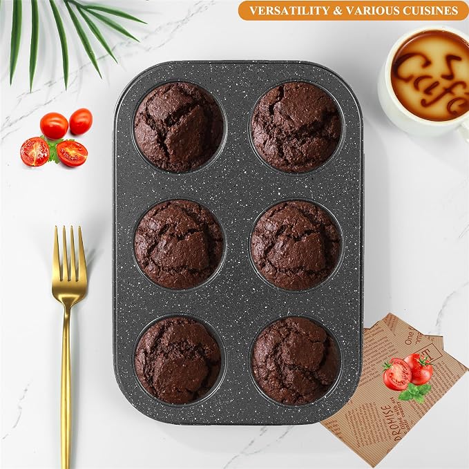 Walooza Nonstick 6-Cup Muffin Pan, Carbon Steel Cupcake Baking Tray, Small Cheesecake Pan for Toaster Oven, Easy Clean & Dishwasher Safe