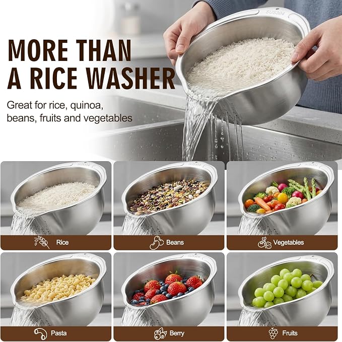 Palksky Rice Strainer & Rice Washing Bowl Stainless Steel - 5.6 Qt Professional Fine Mesh Rice Washer for Kitchen - Heavy Duty Rice Rinser, Cleaner & Drainer Colander for Quinoa, Grains & Fruit