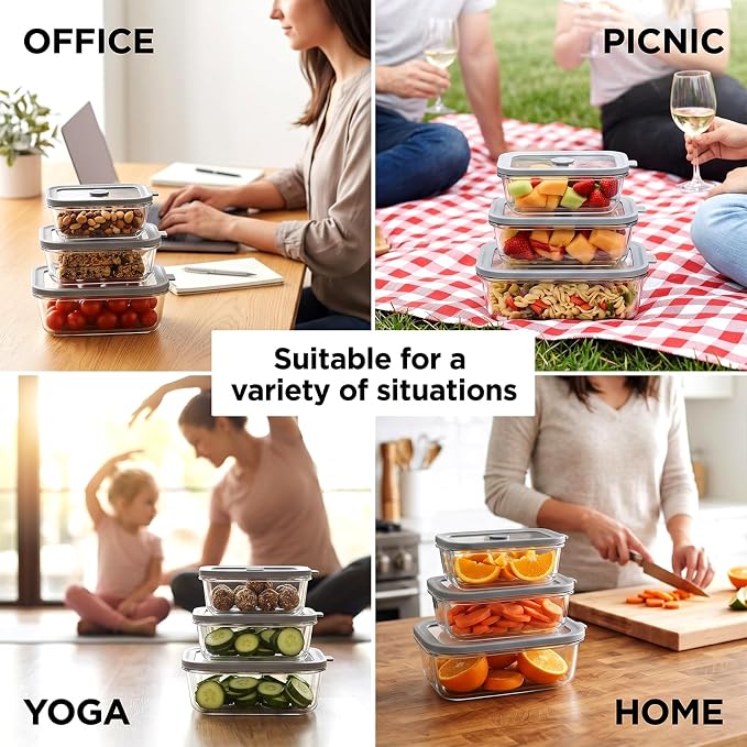 12 Pack Multi-Size Glass Food Storage Containers with Glass Lids | 4 × 33oz, 4 × 21oz, 4 × 13oz Glass Meal Prep Containers with 5 Small Sauce Jars for Microwave/Oven/Freezer/Dishwasher, Grey