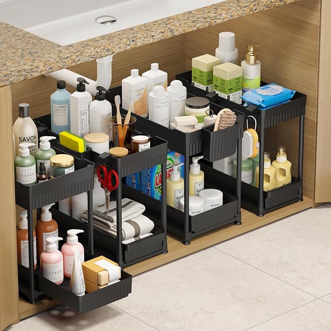 4-Pack 2-Tier Under Sink Organizer with Pull Out Drawers | Multi-use kitchen & bathroom storage. Includes hanging hooks and cups. Black, space-saving cabinet design.