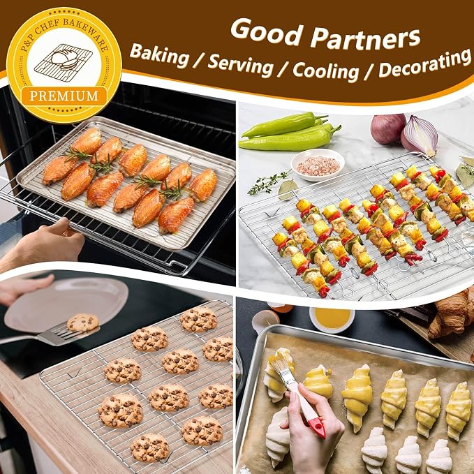 P&P CHEF 16 + 12.5 Inch Baking Sheet with Rack Set, Pans with Flat Racks | 2 Baking Sheets + 2 Cooling Wire Racks, Dishwasher & Oven Safe, Non-toxic & Lasting Use, Fit for Regular Oven