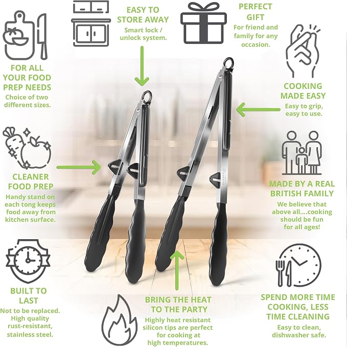 Oliver's Kitchen ® Tongs - 2x Food Safe Silicone Cooking Tongs - Locking Clip for Easy Storage - Great for BBQ - Easy To Use & Grip Kitchen Tongs - Stylish Stainless Steel Design