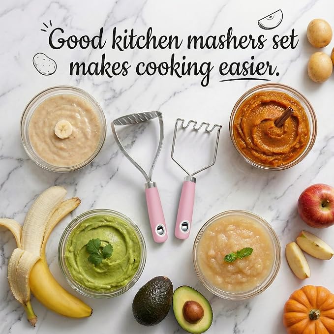 18/0 Stainless Steel Pink Potato Mashers, 10.7-in Kitchen Masher Tool for Avocado Vegetable Sauce Butter, Heavy Duty, Dishwasher Safe, Pack of 2