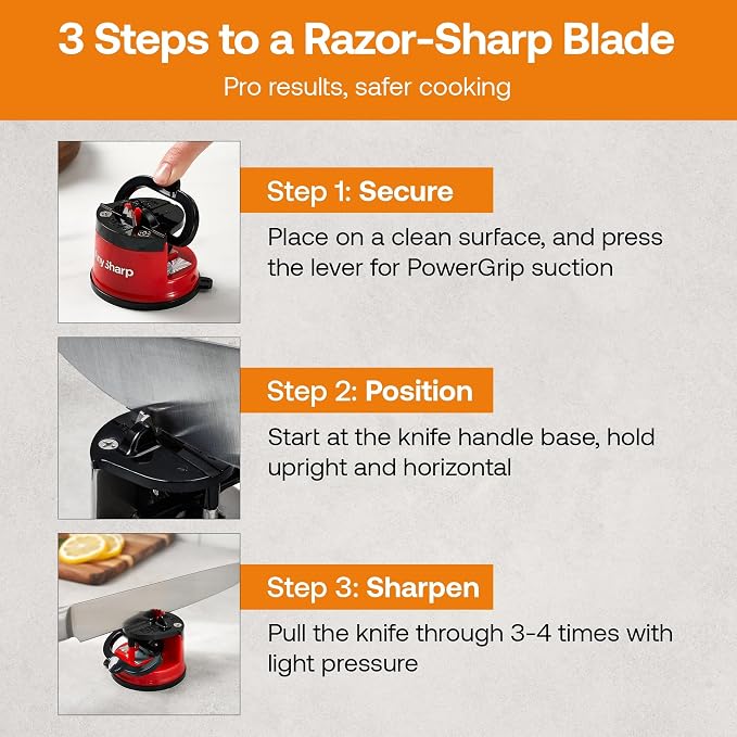 AnySharp – Editions – Hands Free Knife Sharpener - Easy to Use Sharpening Tool with PowerGrip Suction Base and 20-Degree Pre-Set Angle - for All Knives: Chef's, Serrated, and Hardened Steel - Red