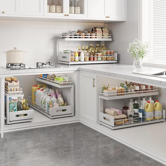 Under Sink Organizer Upgrade To Professional Rails,2-Tier Dual Pull Out Cabinet Storage,Height Adjustable Slide Out Drawers For Bathroom Kitchen,2 Pack-21"Dx12.8"-16.9"H,White