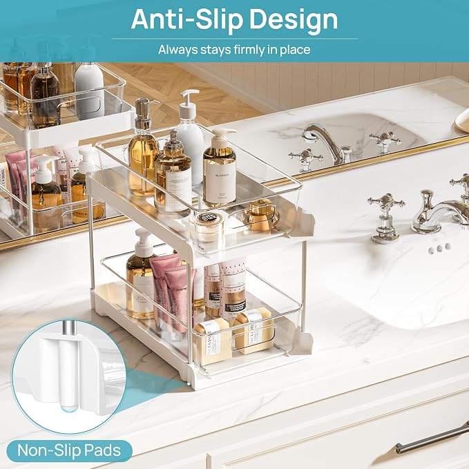 Vtopmart 2 Pack Pull Out Bathroom Under Sink Organizer (S-Standard, White) | Slide-out drawers, Multi-purpose storage, Clear visibility, Easy Set-up