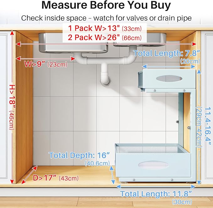 Under Sink Organizer, 2 Pack 2 Tier Pull Out Under Cabinet Organizer Shelf with Pad for Framed Cabinets, Metal Slide Out Under Sink Storage, Mesh Sliding Drawers for Kitchen Bathroom Laundry, Blue