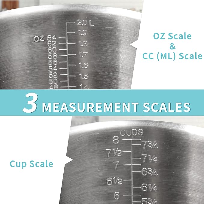 Measuring Cup, [Upgraded, 3 Measurement Scales, Including Cup Scale, ML Scale, Ounce Scale], Newness Stainless Steel Measuring Cup with Marking with Handle, 64 Ounces (2.0 Liter, 8 Cup) (Pack of 2)