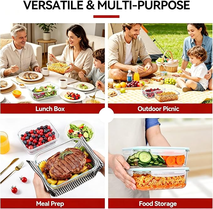 GEHE 2 Pack 52oz Large Glass Food Storage Containers with Lids, Glass Meal Prep Containers with Airtight Lids for Baking, Storing, Lunch Container, Microwave/Freezer/Dishwasher Safe, BPA Free
