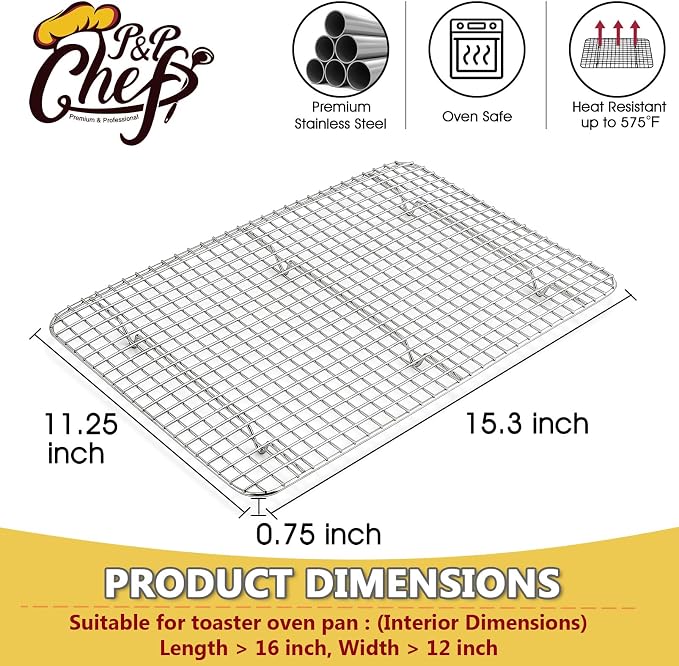 P&P CHEF 15.3 Inch Stainless Steel Cooling Baking Rack Set of 2 | Grid Cooking Racks for Griddle Roasting Grilling Warming, Good for Friends or Family, Oven & Dishwasher Safe, Heavy Duty