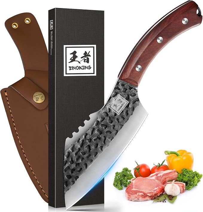ENOKING 6.1 Inch Meat Cleaver Knife with Sheath, Hand Forged Butcher Knife for Meat Cutting, Full Tang Chef Knife for Kitchen, Outdoor Cooking, Camping, BBQ, with Gift Box