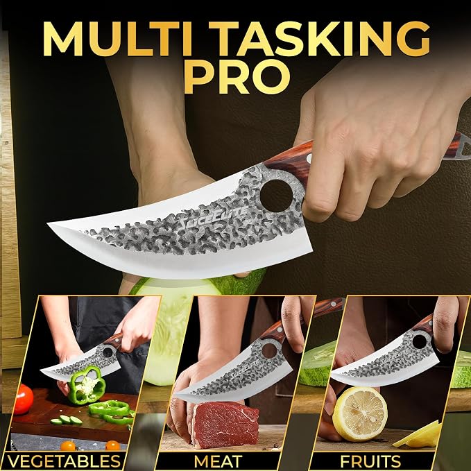 SliceElite Heritage Forge Series Viking Knife Meat Cutting Boning Knife Slicing BBQ Kitchen Knife Full Tang Sandalwood Handle Hammered Pattern Forged Steel Gift Box