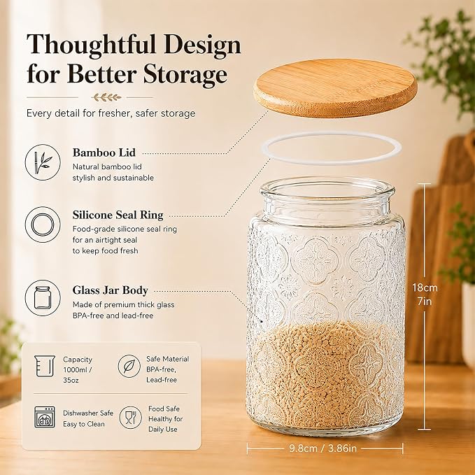 Glass Storage Jars With Airtight Lid, 35oz Canister For Kitchen Counter with Bamboo Lid, brown sugar, candy, coffee, cookie, salt, tea,pantry cute Jar (35oz Large Begonia Flowers)