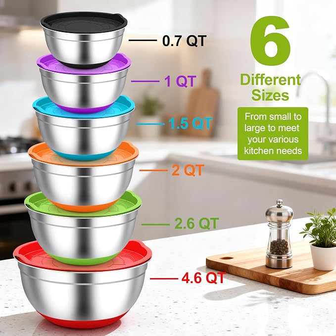 TeamFar Mixing Bowls, Stainless Steel Mixing Bowls with Lids, Nesting Salad Bowls with Air-tight Lids & Non-slip Bottom, Dishwasher Safe & Stackable, Set of 6-4.6/2.6/2 / 1.5/1 / 0.7 Qt
