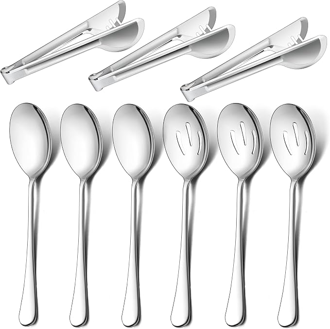 LIANYU 9-Piece Large Serving Utensils Set, 9.8 Inch Stainless Steel Buffet Banquet Catering Serving Spoons Forks and Tongs Set, Dishwasher Safe