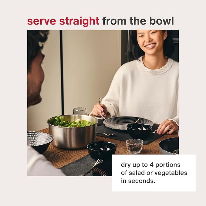 Zyliss Easy Spin Salad Spinner Stainless Steel Small, Non-Slip Base, Serving Bowl, AquaVent™ Technology, Retractable Cord and Brake System, Easy to Clean
