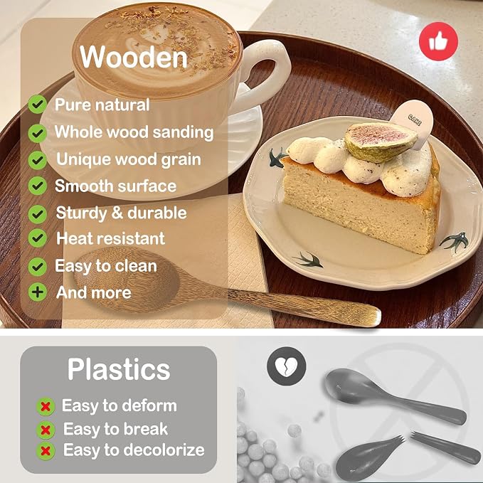 3 PCS: 7 Inch Uncoated Wood Spoons for Eating, Wooden Spoons for Honey, Jam, Coffe, Oatmeal, Cereal & Dessert - Handcrafted Non-Metal Eating & Stirring Utensil, Non-Scratch (Breakfast, Kitchen)