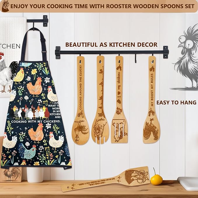 8 PCS Chicken Bamboo Cooking Spoon with Apron and Oven Mitts,Rooster Kitchen Utensil Decor Gifts for Women Chicken Lovers,Roosters Themed Decorations for Home,Housewarming,Birthday,Mother's Day,Easter