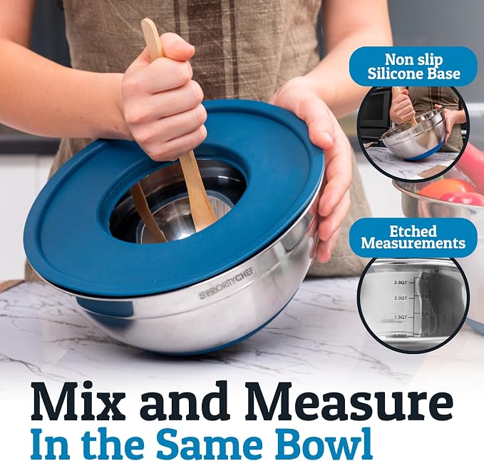 Priority Chef 6Pc Large Mixing Bowls With Lids Set with Non-Slip Bases, Stainless Steel Mixing Bowl Set, 6 Airtight Lids and 3 Graters, Blue | 6pc Non-slip nesting bowls 1-7 qt, 3 graters & interior measurement marks; for meal prep, baking & airtight f...