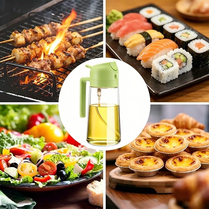 2 in 1 Olive Oil Spray Bottle, 470ml/16oz Glass Oil Sprayer for Home and Kitchen, Olive Oil Dispenser Bottle for Air Fryer, Salad, BBQ (Green)