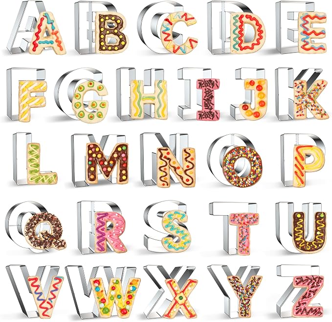 FUSOTO 26PCS Alphabet Letters Cookie Cutters Set, DIY Alphabet Cake&Cookie, Stainless Steel Cookie Cutters for Baking, Letters Shaped Baking Tool for Homemaking Biscuits, Cookie, Dough