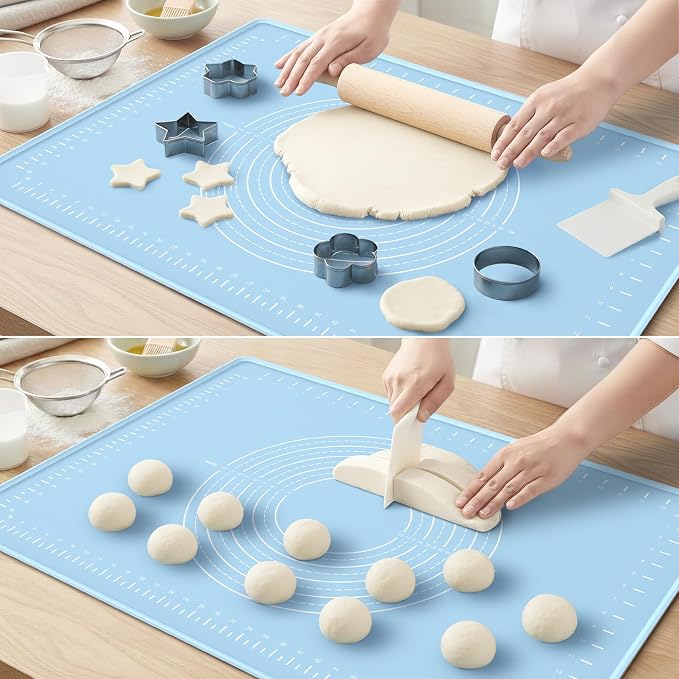 Silicone Baking Mat 24x16 Inches | Extra Thick Dough Rolling Mat with Measurements and Edge Heightening | Non-Stick Food Grade Pastry Mat for Pastry, Bread, Cookies, Pizza, Fondant & Pasta