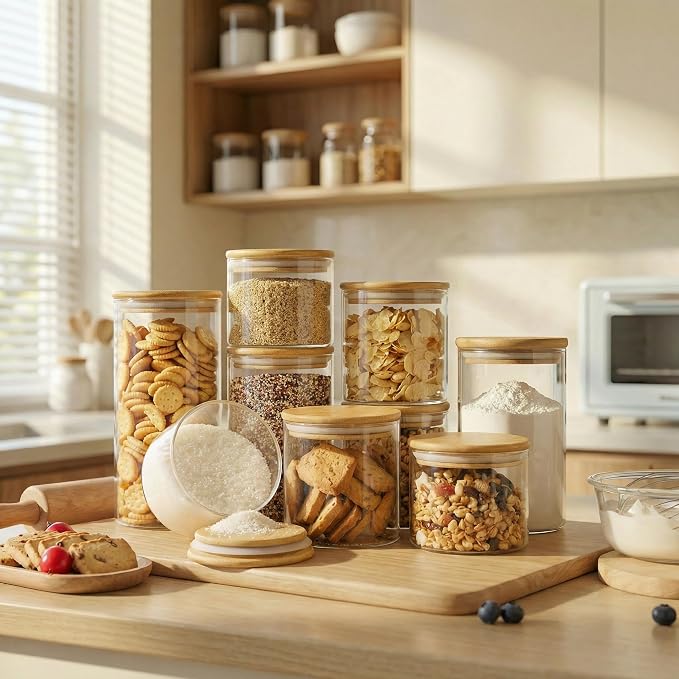 17 oz Glass Jars with Bamboo Lids, Airtight Food Storage Containers, 4 Pack | Round Small Pantry Jars for Spices, Nuts & Seeds , Durable Borosilicate Glass Canisters Keep Food Fresh, Easy to Fill & Clean