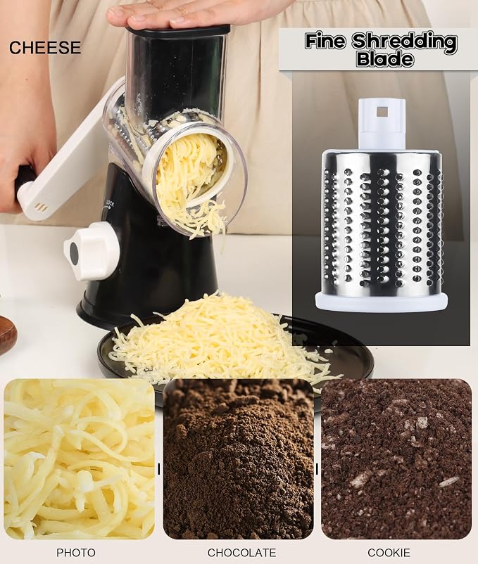 Ourokhome Salad Spinner Lettuce Spinner, One-handed Easy Press Large Salad Dryer Mixer and Rotary Cheese Grater Shredder - 3 Drum Blades Manual Speed Round Food Slicer Nut Grinder