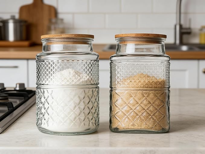 60 FL OZ/0.5 Gal Vintage Glass Storage Jar with Airtight Lid Set of 2 | Kitchen Pantry Thick Glass Container for Flour Sugar Cookie Coffee Laundry Pods, Wide Mouth Opening and Airtight Bamboo lid