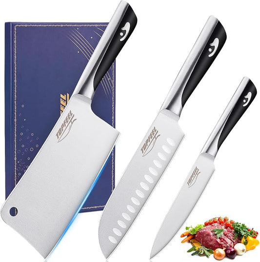 Topfeel Butcher Knife Meat Cleaver Set 3Pcs-7" Heavy Duty Bone Chopper& 7" Santoku Knife& 5" Utility Knife, German Stainless Steel Chef Knives Set for Kitchen Home Gift