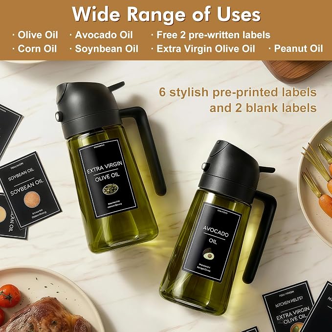 Poshetion 2 in 1 Olive Oil Sprayer for Cooking, 16oz Light-Proof Oil Dispenser for Kitchen, Leak-Proof Oil Spray Bottle for Air Fryer, Salad, BBQ, Baking, Grilling - Black