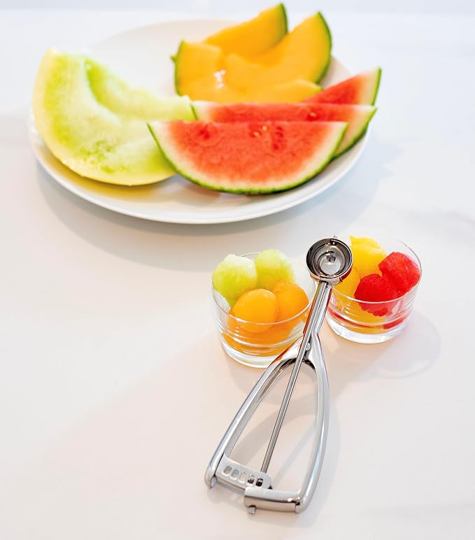 Jenaluca Small Cookie Scoop, 18/8 Stainless Steel, 2 Tsp, Size #100 | Disher for cookies, chocolate chip dough & melon balls. Squeeze-release handle. Right and left handed. Dishwasher safe.